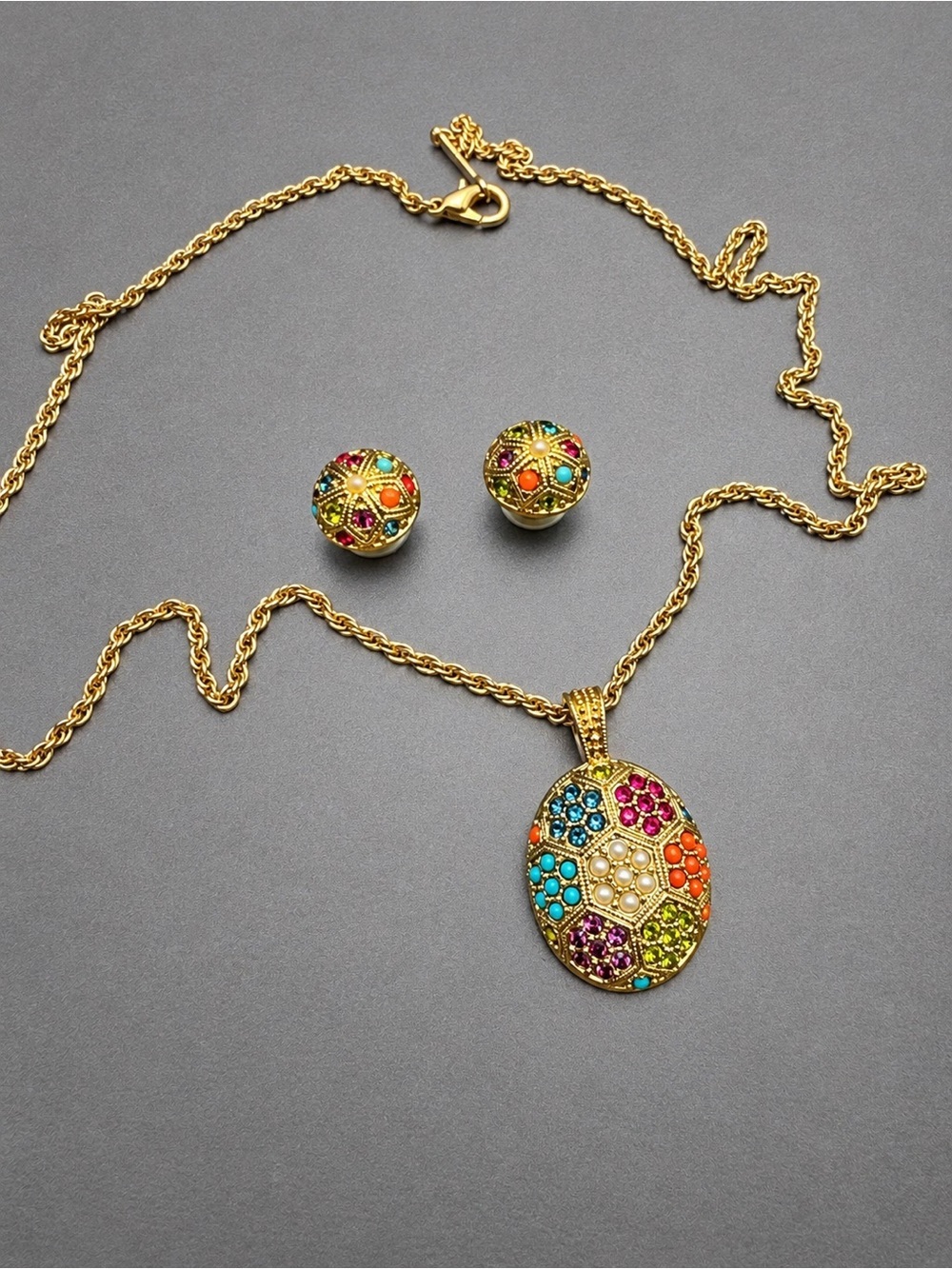 D’Orlan Buried Treasure 22kt Gold Pendant Necklace and Earring Set #2SET
